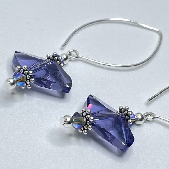Swarovski Crystal 925 Sterling Artisan Made With Purple AB Beaded Earrings - Picture 5 of 6